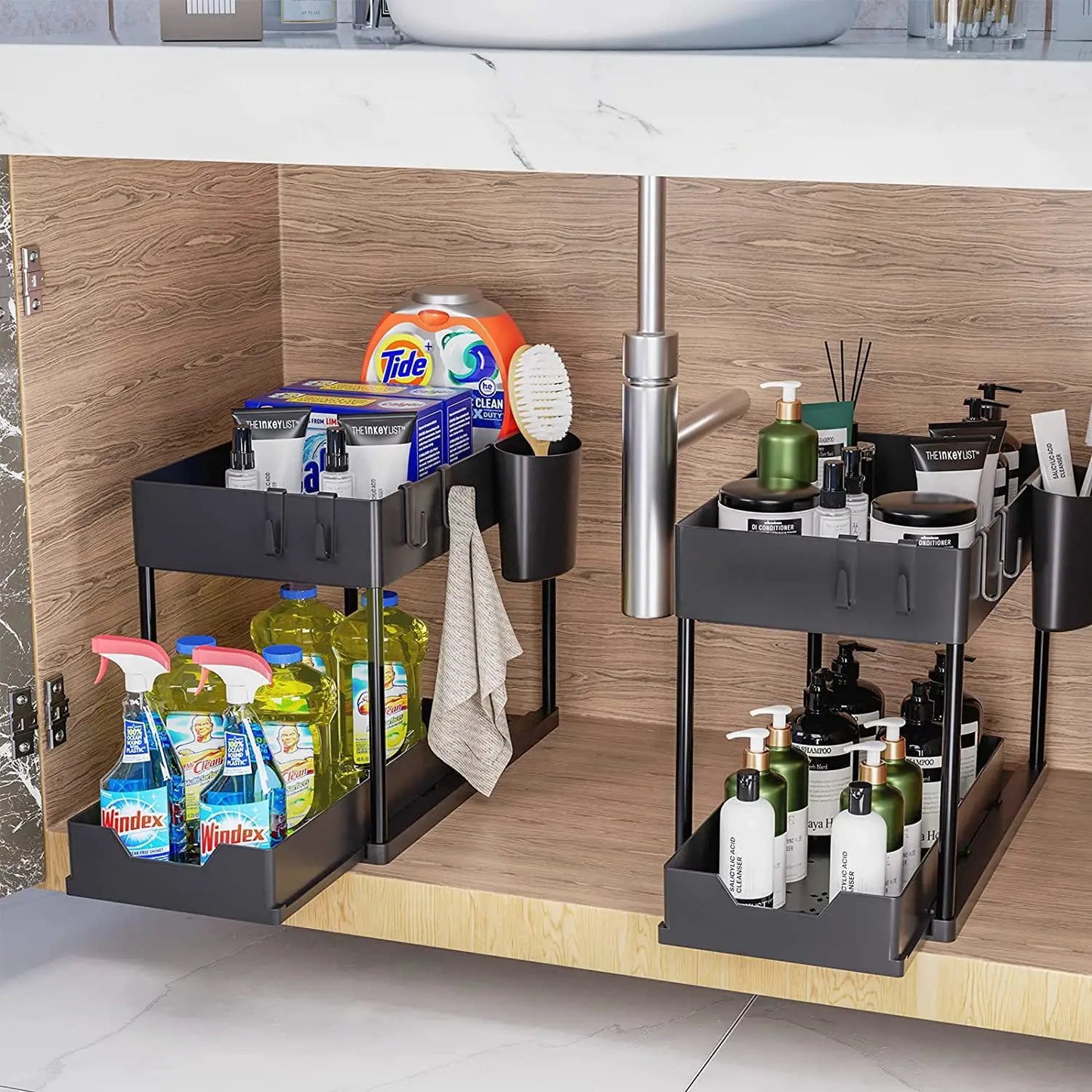 2Tier Multi-function Kitchen Sink Organizer,Sliding Cabinet Basket with Hooks Hanging Cup-New Bathroom Kitchen Space-Saving Rack