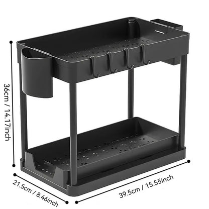 2Tier Multi-function Kitchen Sink Organizer,Sliding Cabinet Basket with Hooks Hanging Cup-New Bathroom Kitchen Space-Saving Rack