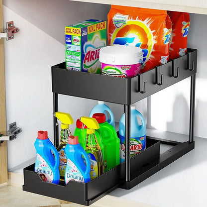 2Tier Multi-function Kitchen Sink Organizer,Sliding Cabinet Basket with Hooks Hanging Cup-New Bathroom Kitchen Space-Saving Rack