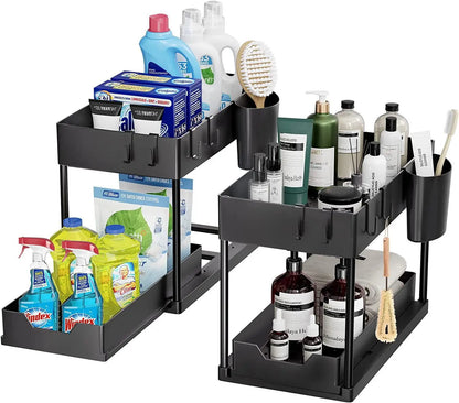2Tier Multi-function Kitchen Sink Organizer,Sliding Cabinet Basket with Hooks Hanging Cup-New Bathroom Kitchen Space-Saving Rack