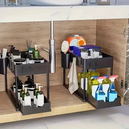 2Tier Multi-function Kitchen Sink Organizer,Sliding Cabinet Basket with Hooks Hanging Cup-New Bathroom Kitchen Space-Saving Rack