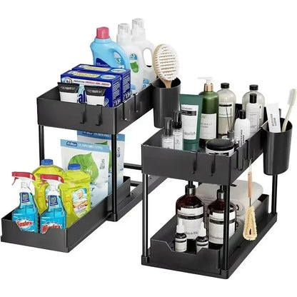 2Tier Multi-function Kitchen Sink Organizer,Sliding Cabinet Basket with Hooks Hanging Cup-New Bathroom Kitchen Space-Saving Rack