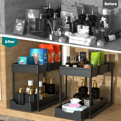 2Tier Multi-function Kitchen Sink Organizer,Sliding Cabinet Basket with Hooks Hanging Cup-New Bathroom Kitchen Space-Saving Rack